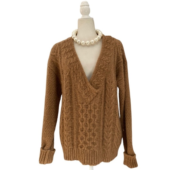 Mes Demoiselles Paris Wool Mohair Cableknit V Neck Oversized Sweater in Caramel - Picture 1 of 9